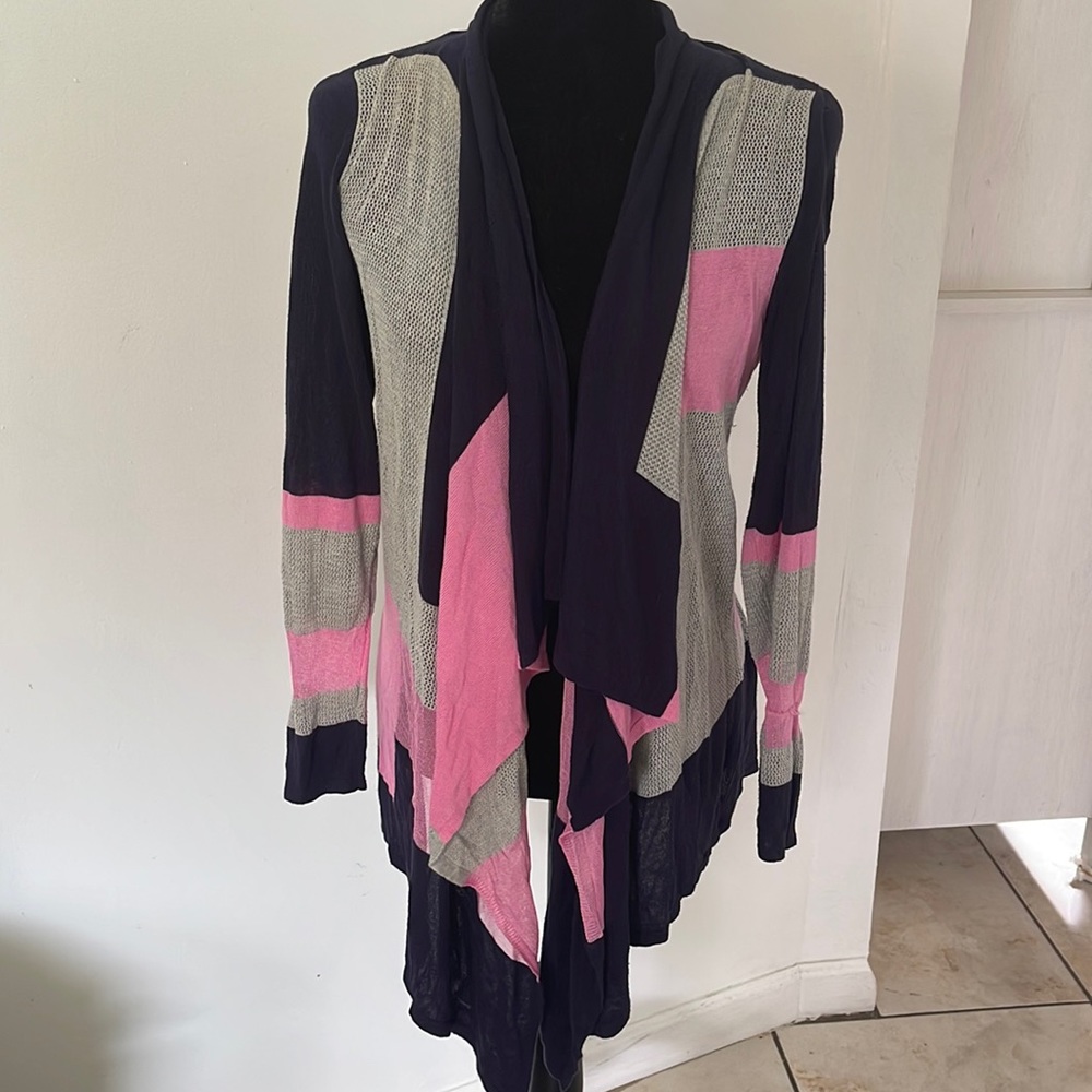 Women’s Waterfall Navy Gray and Pink Color Block Cardigan Size Small